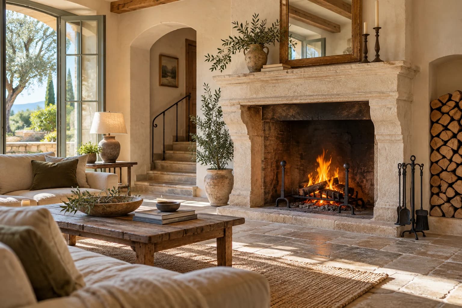 Un feu de bois dans une cheminée en pierre, au cœur d’un intérieur provençal lumineux